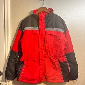 Arizona Jean Company outdoor winter jacket in red and black.